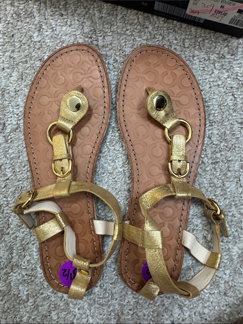 Coach Gold Leather T-Strap Sandals